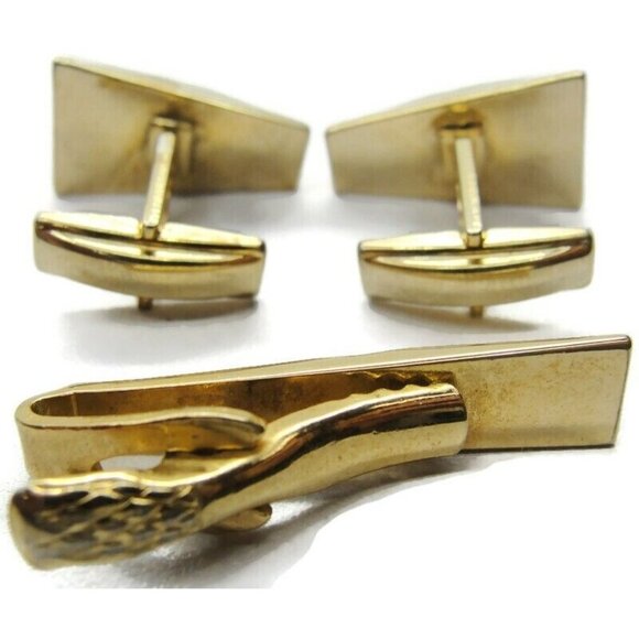 Vintage Rectangle Cufflinks Set Tie Clip Gold Tone Wedding Accessories Pat No - Picture 7 of 9